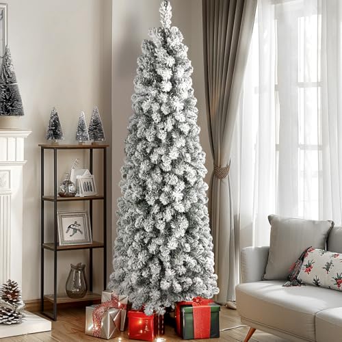 Shareconn SH-7.5FT PEN FLOCK WARMLIGHT TREE GY 7.5Ft Prelit Snow Flocked Artificial Hinged Slim Pencil Christmas Tree thumb #5