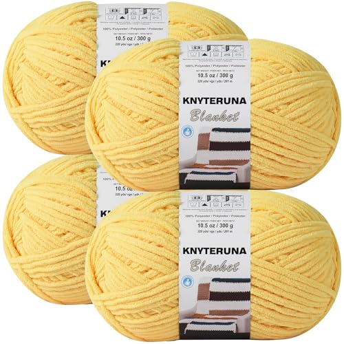 Knyteruna #6 Super Bulky Blanket Yarn for Crocheting - 4 Skeins(Each 10.5oz/300g, 220yds/201m), Chunky Chenille Thick Plush Big Soft Yarn for Crocheting Knitting Blankets, Yellow
