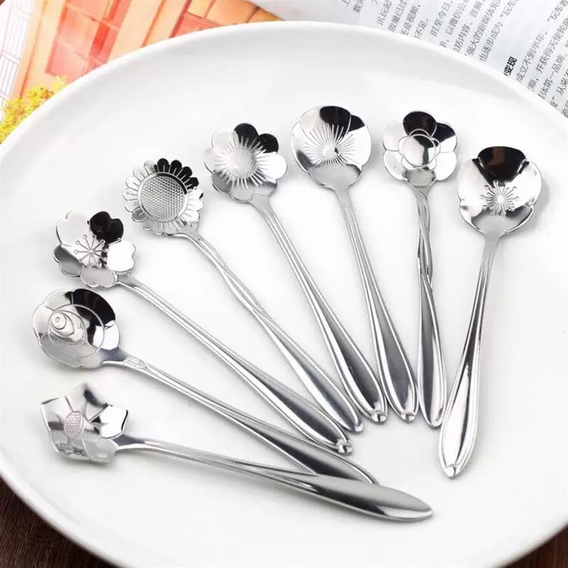 8pcs Flower Spoon Set Small Teaspoon Coffee Spoon Cute Ice Cream Dessert Honey Spoons Stainless Steel Kitchen Props