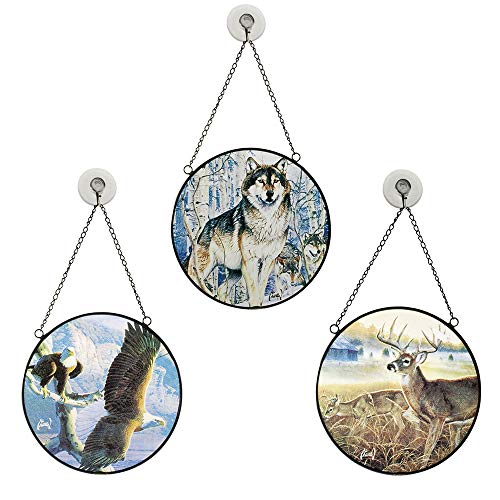 Al Agnew Sun Catchers Hand Painted Glass, Native American Gift, Best Home Decor Stained Glass Wildlife Present, Set of 3-Authentic American Wildlife Animals, Eagle, Deer, Wolf.