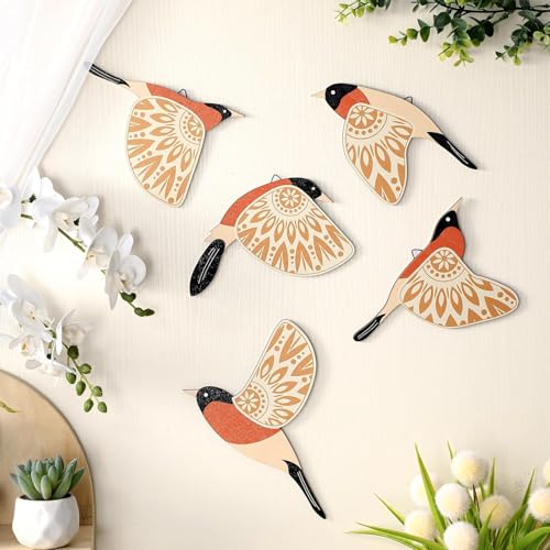 YelaJoy Wooden Bird Wall Art Rustic Home Decor Scandinavian Style - Hand-Painted Bird Set with Multi-Size Design & Easy Hanging Hook 5-Piece (Orange)
