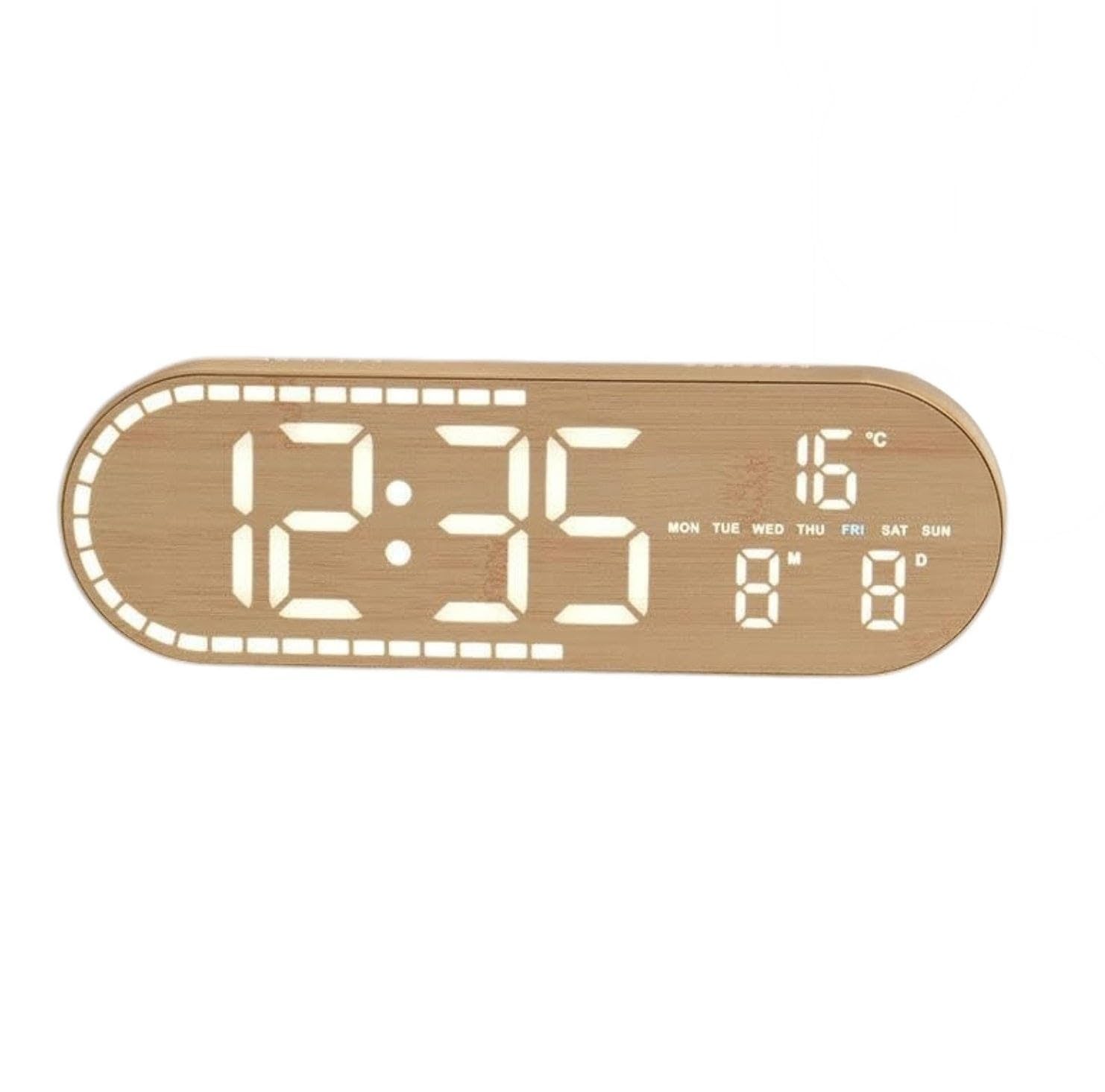 niyam wooden finish digital clock with temperature, date & day display | 4-level brightness | table & wall mount clock(dc gh8053)