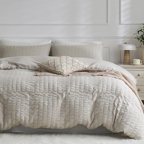Image of JELLYMONI Seersucker Duvet Cover Set Full, 3pcs Oatmeal Polyester | In Guest Room & Studio, Single Upgrades Pick, Crinkled Texture, Oeko-Tex Certified, 8 Corner Ties & Hidden Zipper