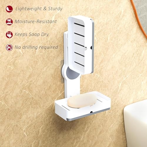 Image of Plastic Self-Adhesive Double Layers Soap Holder for Bathroom Wall with Removable Drain Tray | No Drill Stickable Soap Stand for Kitchen Sink | White