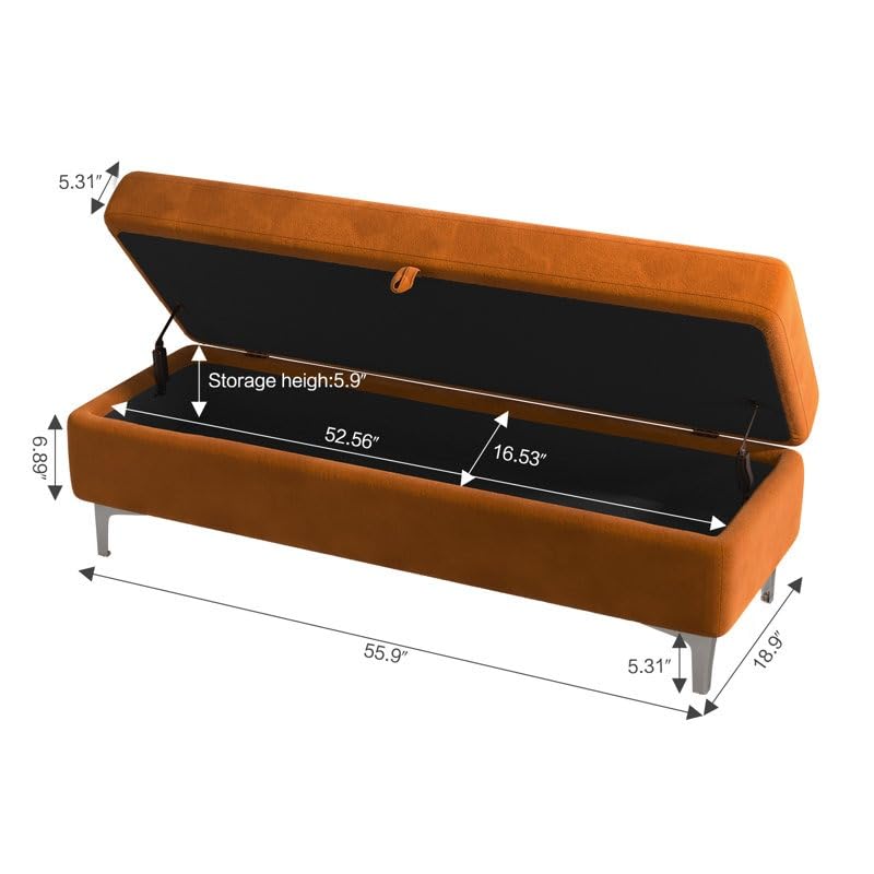 Image of Velvet Storage Ottoman Bench | Upholstered 2 Seater Bench with Hidden Storage | Modern End of Bed Bench for Bedroom Living Room Entryway | Lounge Footrest Seat with Metal Legs | Orange