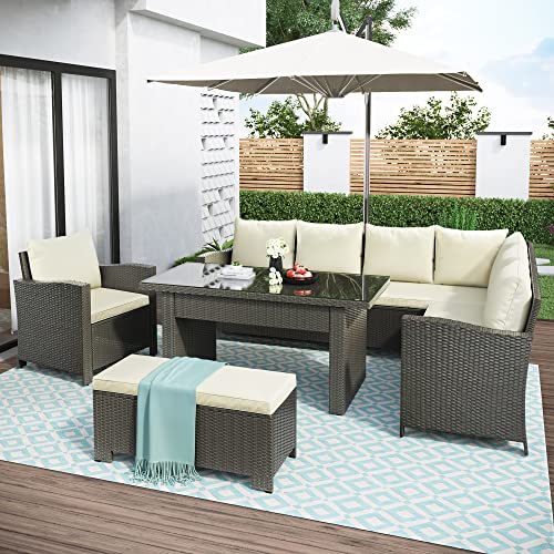 Voohek 6 Piece Rattan Patio Furniture Set, Outdoor Conversation Sofa, with Bench and Cushions, Dining Table, Gray Voohek 6 Piece Rattan Patio Furniture Set, Outdoor Conversation Sofa, with Bench and Cushions, Dining Table, Gray