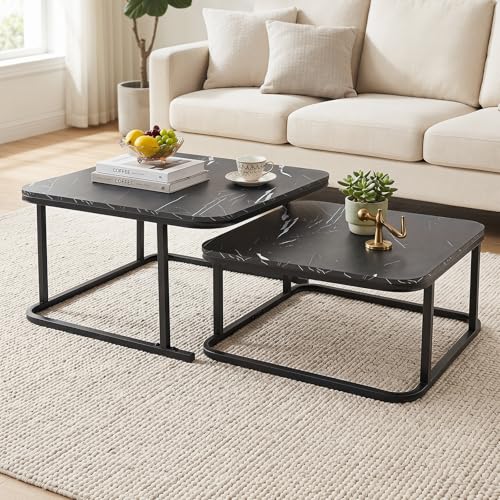 Image of Giantex Nesting Coffee Table Set of 2, Faux Marble Center Table with Metal Frame, Modern Square Accent Cocktail Table, Small Coffee Table for Living Room, Small Spaces (Black)