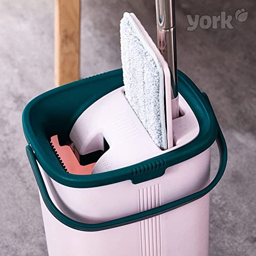York Bodenwischer Mop Set Handy | Flach, Schwenkbar mit Zwei Kammer Putzeimer | Wischmopp mit Auswringfunktion | Nass-Trocken Reinigungs | Für alle Böden Geeignet | 5 Extra-Kartuschen – Bild 5