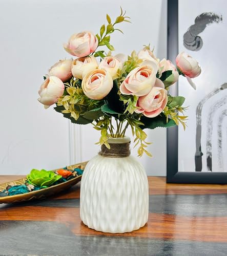 Image of Dekorly Faux Silk,Plastic Artificial Peony Flowers Bunch|White Vase with Flowers Bunch|Artificial Plants for Home Office Hotel Decor|Bedroom Living Room Bathroom Decor (Light Pink,Height : 30CM)