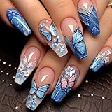 Blau Schmetterling Press on Nägel Cowboy Stil Mittel Coffin Fake Nägel Blumen Stick on Fingernägel 24 Stück Glänzend Rosa Verlauf Acryl Falsche Nägel French Tips Gel Klebe Nägel für Coquette Frauen