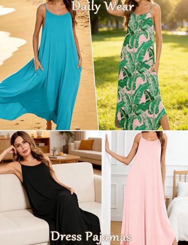 Image of SWOMOG Women Long Nightgown Pajama Dress Soft Strap Nightdress Summer Sleeveless Nightshirt Lounge Dress with Pockets