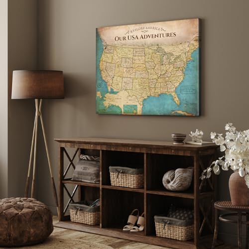 Image of DECORARTS - Push Pin Travel Map USA, US Maps for Wall, Antique Vintage Old United States Pin Board Canvas Wall Art, Giclee Print on Canvas, Handcrafted in USA, 30x24''
