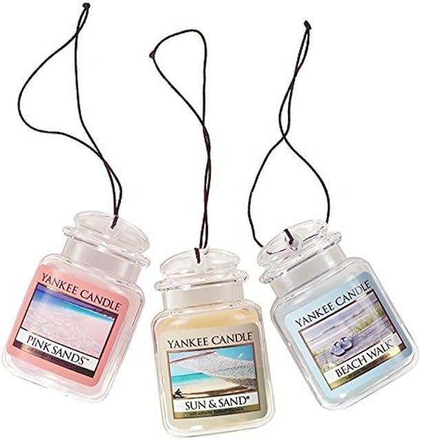 Yankee Candle Car Air Fresheners, Hanging Car Jar® Ultimate 3-Pack, Neutralizes Odors Up To 30 Days, Includes: 1 Beach Walk, 1 Pink Sands, and 1 Sun and Sand (Pack of 3)
