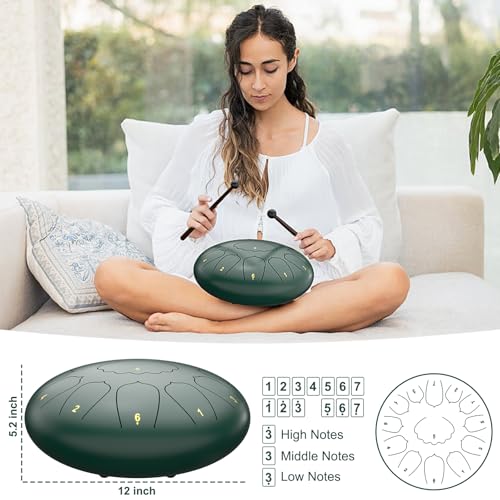 Image of D Major Steel Tongue Drum Handpan, 12 Inch 13 Note Large Rain Drum for Outside Garden, Meditation Rain Chime, Musical Percussion Instrument for Adult Gift with Bag, Music Book, Drum Mallets (Green)