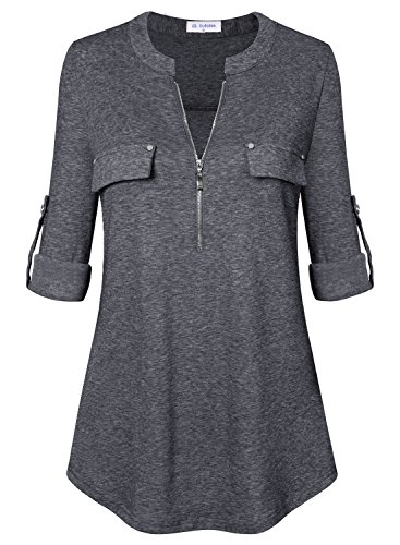 Image of Bulotus 3 /4 Length Sleeve Womens Striped Tops Zipper V Neck Collared Blouses Business Casual Tunics 2026 Spring Trendy
