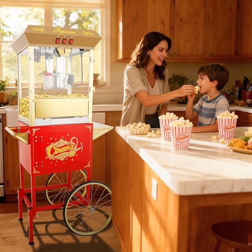 Image of Popcorn Machine with Cart & 16oz kettle for Home /Commercial (Red)