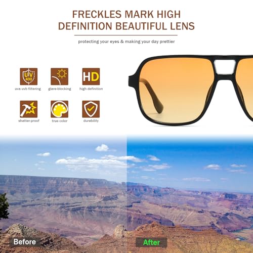 Freckles Mark Retro Aviator Sunglasses for Mens Womens Double Bridge Vintage 70s Square Glasses F97574
