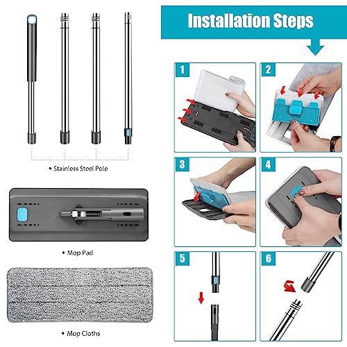 MASTERTOP Wischmopp Set mit Eimer, 2 in1 Bodenwischer mit Auswringfunktion für Nass-Trockennutzung, 141cm Flach Mopp Wischmop Set mit 6 Mikrofaser Pads für Alle Hartböden, Blau – Bild 7