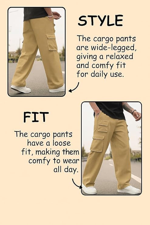 Image of Men Cargo Pants 100% Cotton | Relaxed Fit Utility Cargos for Men with 6 Pockets | Breathable Durable Fabric | Casual Streetwear Travel & Outdoor Pants