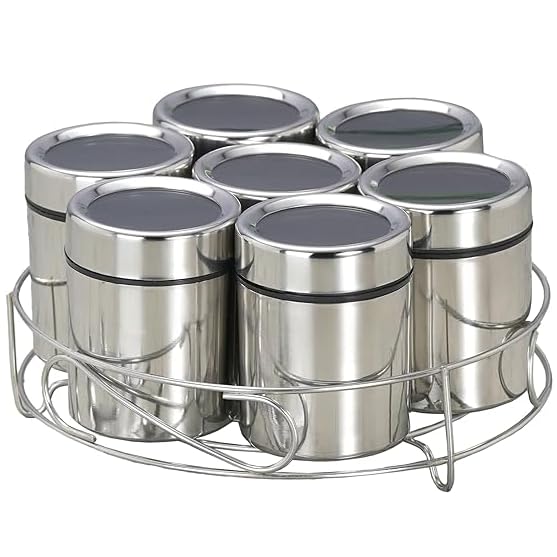 STEEPLE Masala Box For Kitchen|Spice Box For Kitchen|Masala Dabba For Home&Resturants|7 In 1 Spice Set Steel|Storage 7 Container In 1 Stand Per 190 Ml,Silver