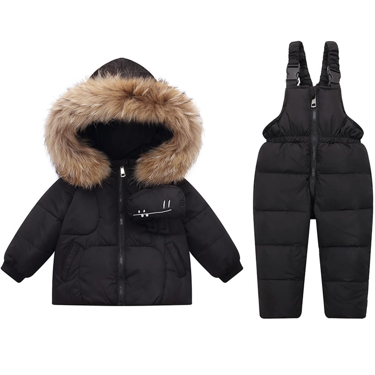 JELEUON 2 Pcs Girls Boys Winter Warm Fur Trim Zipper Puffer Down Jacket Snowsuit and Snow Ski Bib Pants Outfits Set 110