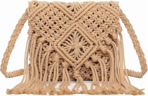 BOETE Summer Purse - Woven Crossbody Bags Boho Crossbody Purses for Women Crochet Handbags Shoulder Bag Handbags 2025 (Khaki-tasseled)