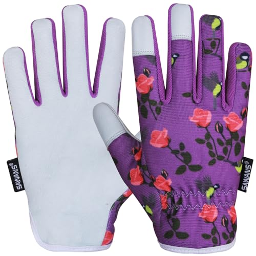 SAWANS Leather Gardening Gloves Ladies Mens Women Thorn Proof Rigger Garden Safety Working Gloves Multipurpose Breathable Construction Gardening Gifts (Purple M (Pack of 1))