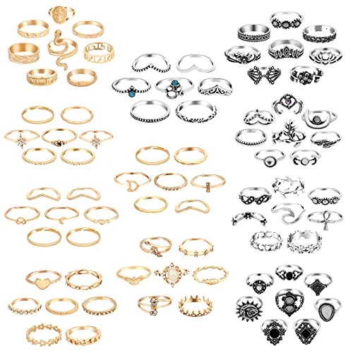 ONESING 82 Pcs Knuckle Rings for Women Stackable Rings Set Bohemian Retro Vintage Joint Finger Rings Hollow Carved Flowers Gold & Silver Knuckle Midi Rings