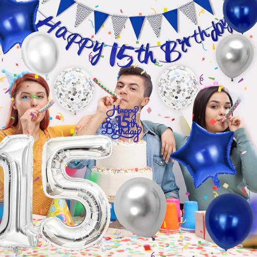 Hierein 15 Geburtstag Junge, Blau Silber Folienballon 15. Geburtstag Deko mit Happy Birthday Banner, Tortendeko, Wimpelkette, Geburtstagsdeko 15 Jahre Junge für Party Deko, Birthday Ballon