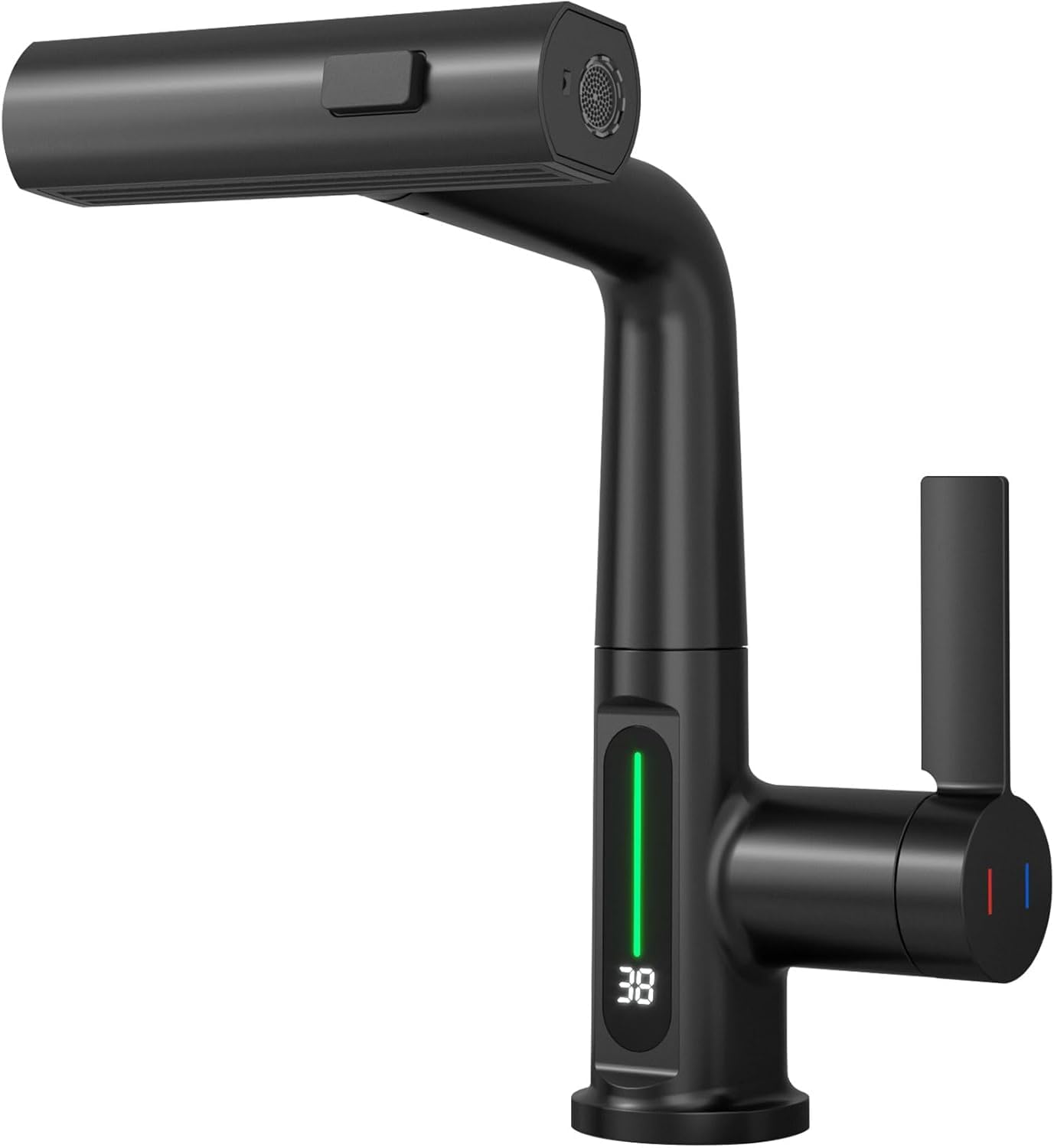 Küchenarmatur Schwarz Wasserhahn Spüle, Wasserfall Armatur Küche Faucet Heizung Wasserfall Ausziehbarer mit 60cm Schläuchen, LED Temperaturanzeige, Anhebbare Arm
