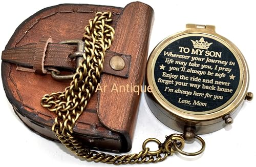 Brújula de Bolsillo Vintage de Latón para Regalo a Hijo de Mamá | Grabada 'To My Son, Love Mom' con Estuche de Cuero | Regalo Significativo para Cumpleaños, Graduación y Boda miniatura 5