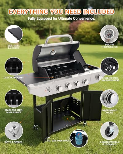 Image of EUHOME 4-Burner Propane Gas BBQ Grill with Side Burner, 46,500 BTU Output Stainless Steel Barbecue Grill with Enameled Cast Iron Grates and Side Tables for Outdoor Cooking Kitchen and Patio Backyard
