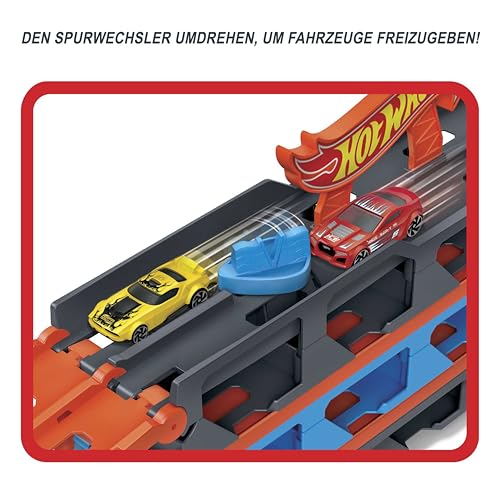 Hot Wheels - 2:1 Autorennbahn zu Transporter, inkl. 3 Spielzeugautos, mit Doppelstarter, Auslösefunktion und Weiche, Platz für 20 Autos, Spielzeug ab 4 Jahre, HGH33