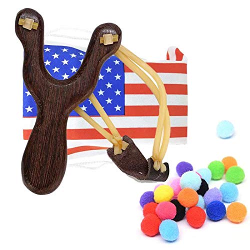 TOPRADE Solid Wooden Hunting Slingshot with National Flag Pattern Bag & Cotton Ammo for Catapult Hunting Game for Kids Children Adults (Flag Bag Set Brown Wood)