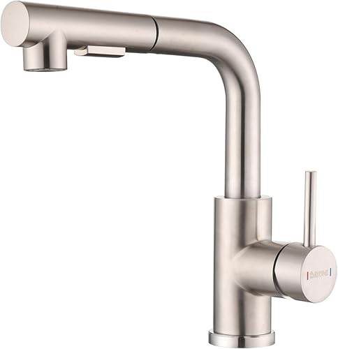 DAYONE - Grifo de fregadero de barra de níquel cepillado con rociador extraíble, grifos de cocina de acero inoxidable modernos, un solo