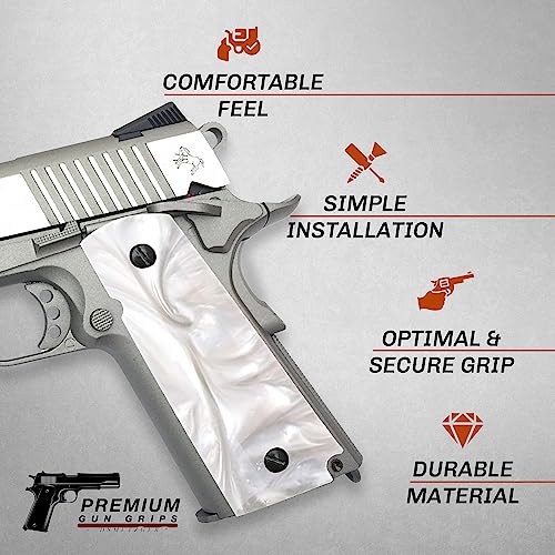 Compatible Replacement For 1911 Pearl Premium Gun Grips Colt Gov. & Clones Taurus, S&W, Springfield, Rock Island Mop Full Size W/Us Gold Tone Medallion Bonus Gold 4 Screws #TOP3