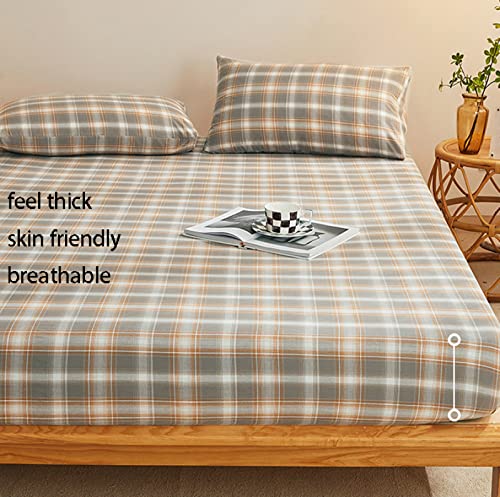 Queen Fitted Sheet,Pure Cotton Washed Cotton Deep Pocket Solid Fitted Sheet,Soft Comfortable Checkered Mattress Protector,Stripes White,90 * 200Cm+15Cm #TOP1