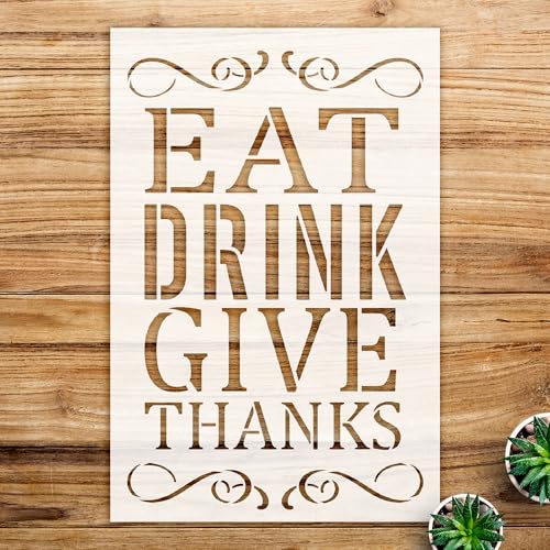 Thanksgiving Stencil Pattern for Wood Signs and Home Decor, Reusable Design Featuring 'eat Drink give Thanks', Perfect for Holiday Crafting and Family Gatherings - Size A4 (7.4