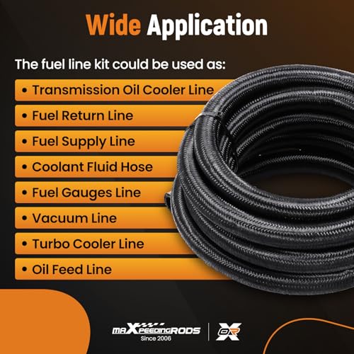 Image of maXpeedingrods 10AN 12FT Fuel Line Kit Gas Oil Line Hose AN10 Fitting Transmission Cooler Lines CPE Nylon Stainless Steel Braided+ 6 PCS -10AN Push Lock Fitting Hose End