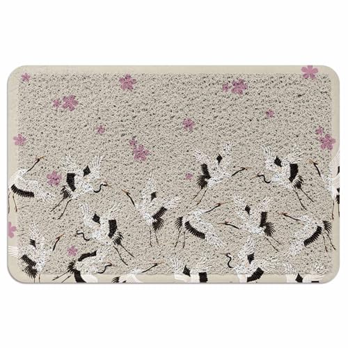 Ooomigasusi 玄関マット 和風 鶴 桜 花 ベージュバック ドアマット 60×90cm 屋内 屋外 ループ状 泥落とし 滑り止め付 吸水 足ふき 洗える 業務用 自宅用 厚手 浴室 お風呂 円角長方形 丈夫 抗菌 防臭