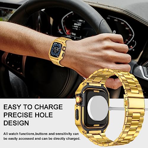Image of BAITEYOU Stainless Steel Watch Band with Case Compatible with Apple Watch Series SE 3 2 1 /6 5 4 (44mm), Series 3 2 1 (42mm), Metal Protective Bumper Rugged Cover for iWatch Bands Men (Gold)