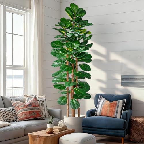 Image of Artificial Fiddle Leaf Fig Tree 6FT, Faux Fig Tree Indoor with Natural Wood Trunk & Realistic Leaves with Moss Pot Fake Ficus Tree Large Faux Floor Plant for Living Room Home Decor, House Plant