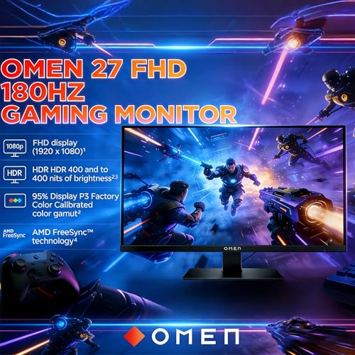 Image of HP OMEN 27 Inch FHD (1920 x 1080) Gaming Monitor, 180Hz Refresh Rate, 1ms Response Time, Ultra-Smooth Gameplay, AMD FreeSync, IPS Eye Comfort Display, Low Blue Light, OMEN 27 G2