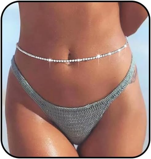 Tgirls Crystal Waist Chains Silver Sexy Layered Heart Rhinestone Belly Bikini Body Chains Sparkly Love Waist Body Jewelry for Women