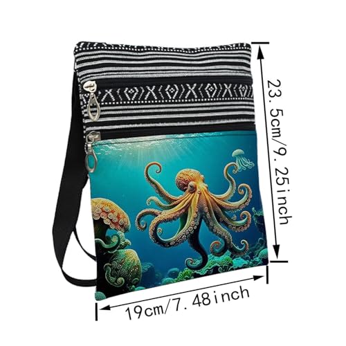 Undersea Octopus Messenger Bag Small Ethnic Pattern Printed Adjustable Strap Crossbody Zipper Pouch Undersea Octopus Phone Organizer Wallet Cute Shoulder Handbag for Women2