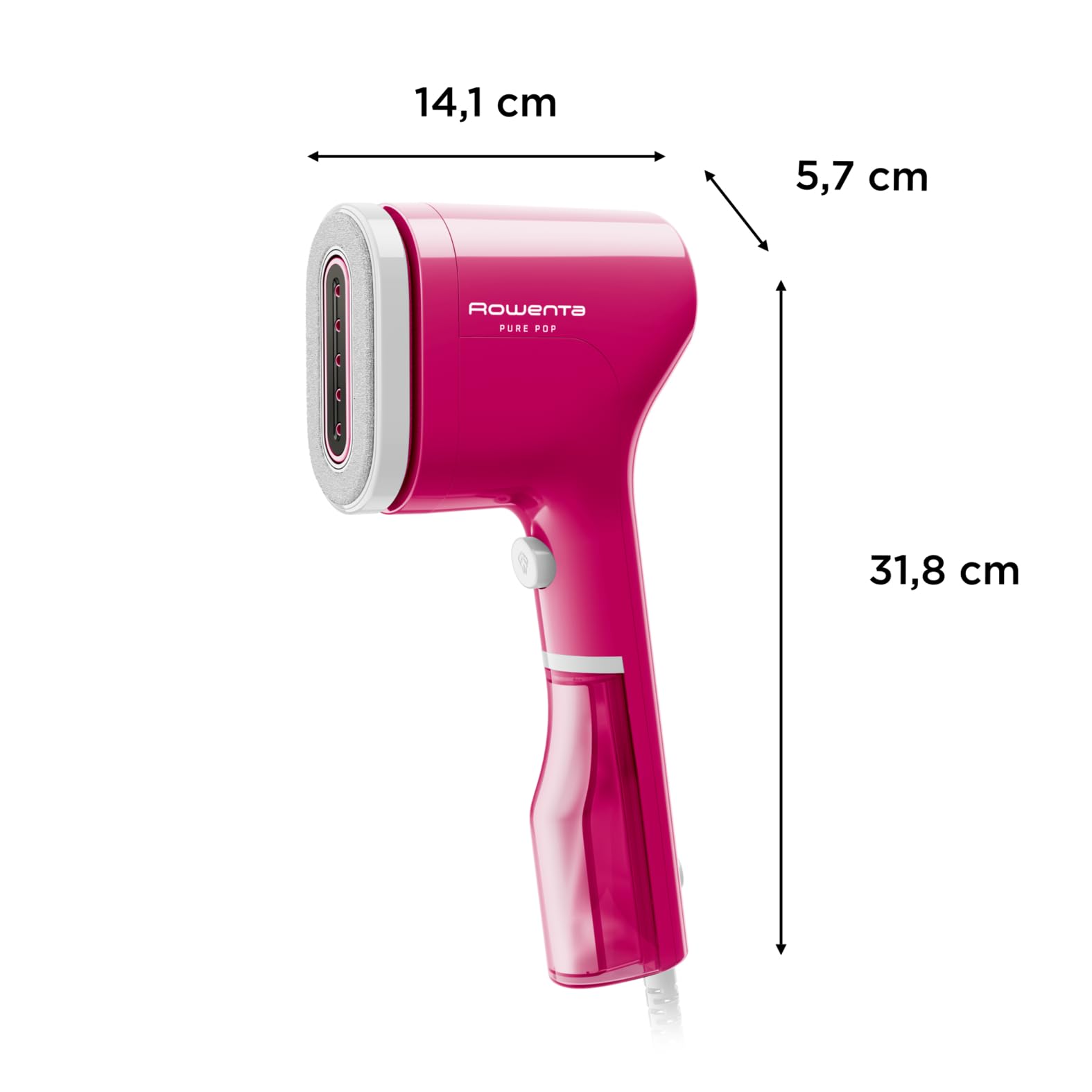 Rowenta Pure Pop pionowe przenośne żelazko parowe, przydatne do prasowania i dezynfekcji odzieży, z odwracalnym systemem usuwania kłaczków, szybkie nagrzewanie, moc 1300 W, kolor różowy, DR2023