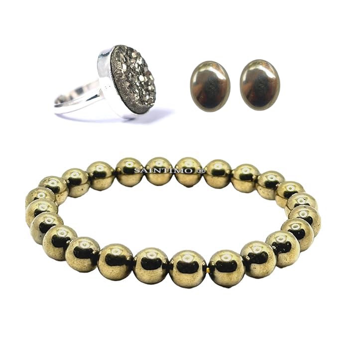SAINTIMO® Natural Pyrite Bracelet with Certificate, Pyrite Pendant, Original Pyrite Stone Ring, Black Tourmaline Crystal Set for Money & Prosperity