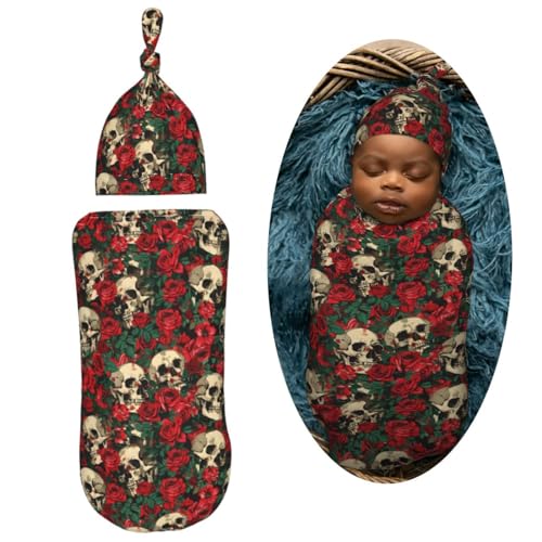 Image of Skull and Red Roses Newborn Swaddle Blankets Hat Sets Soft Baby Receiving Blanket Swaddle Sack for Baby Shower Infant Boy Girl Gift