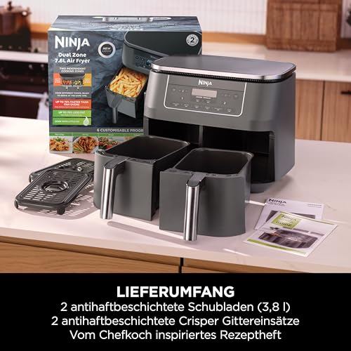 Ninja Dual Zone Digital Air Fryer, 2 Schubladen, 6-in-1, Heißluftfritteuse ohne Öl, 7,6L, Heißluft-Frittieren, Max Crisp, Rösten, Backen, Aufwärmen, Spülmaschinenfeste Körbe, Metallic Grau DZ300EU