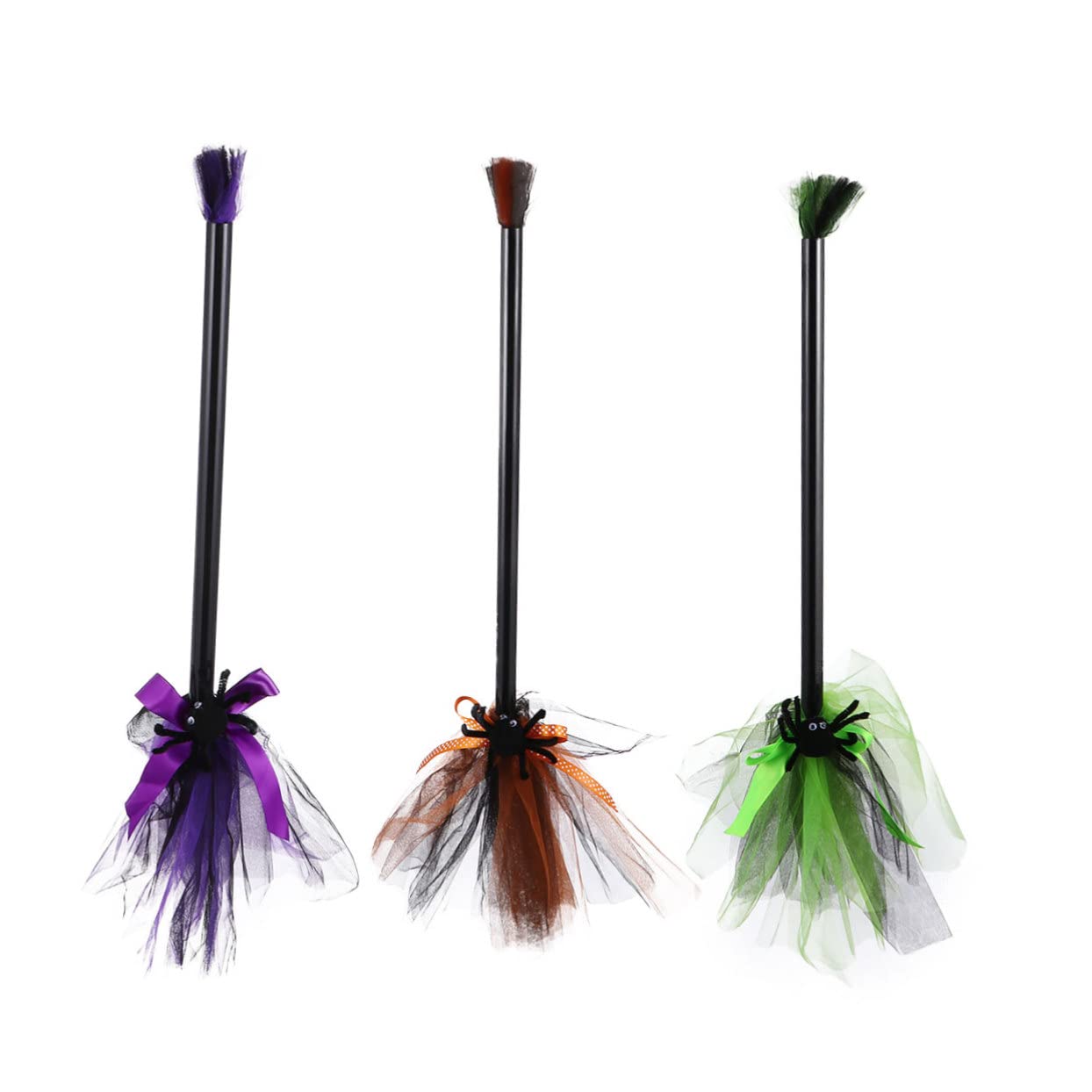 KOMBIUDA 3pcs Orange Fluorescent Green Purple Halloween Witch Broom Props Animated Show Broom Decoration for Costume Party